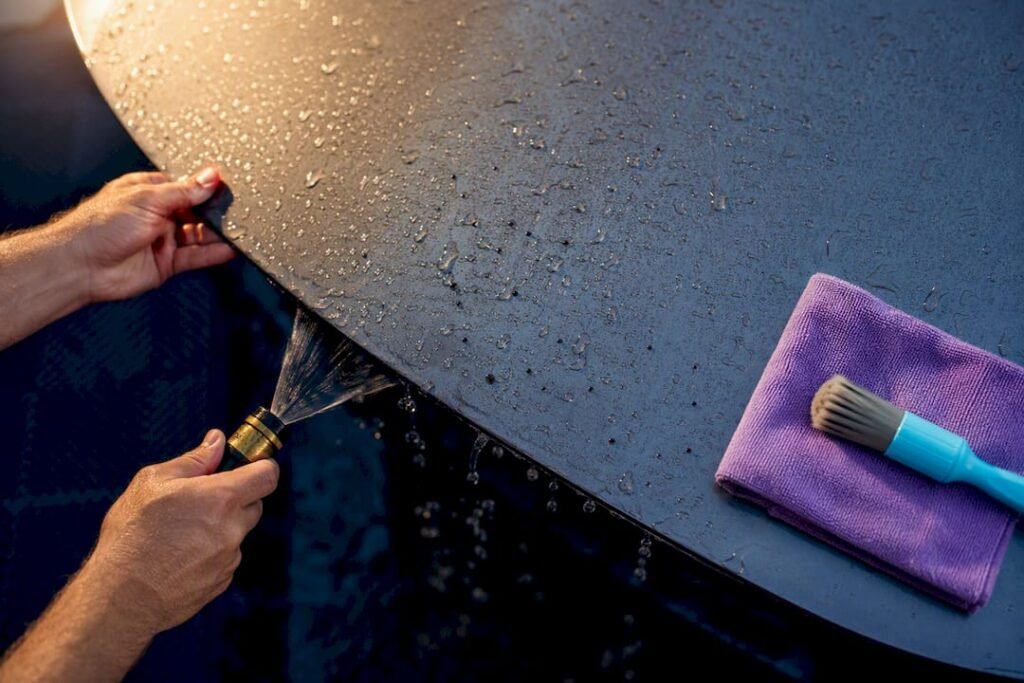 Detailer rinsing bug residue from bonnet