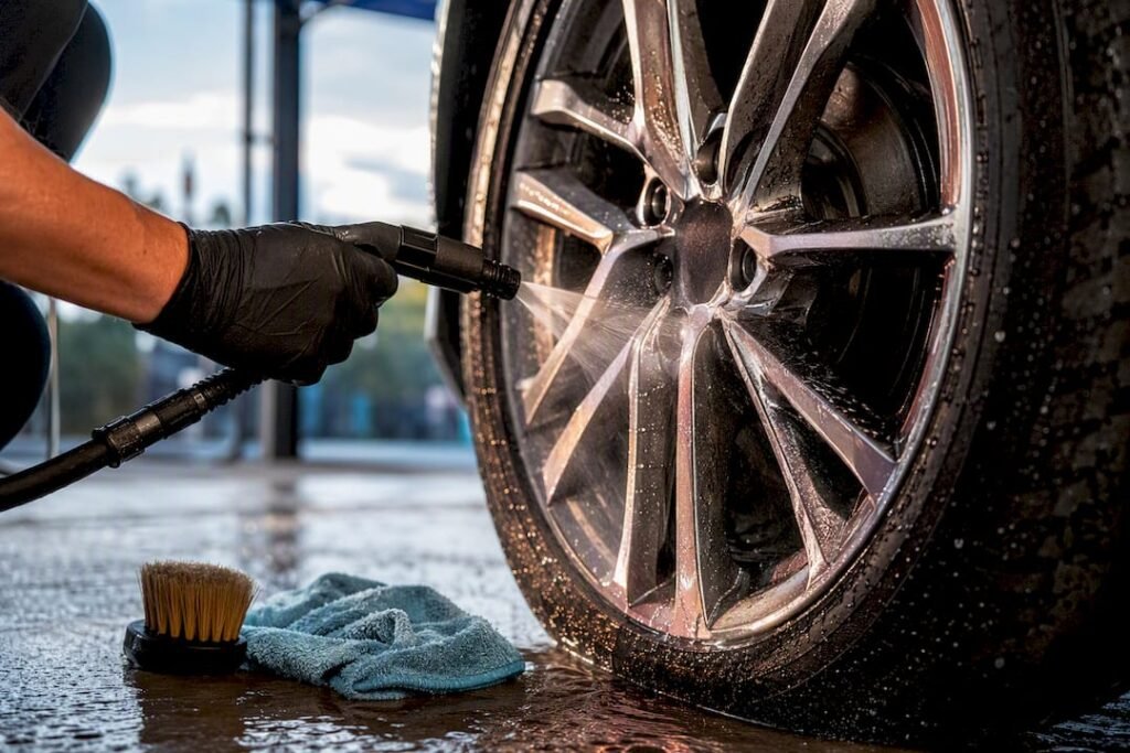 Iron-reactive brake dust rinsing from wheel