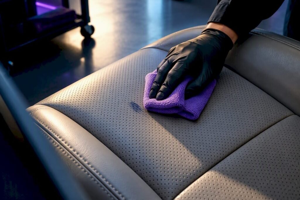 Detailer blotting ink from perforated leather seat