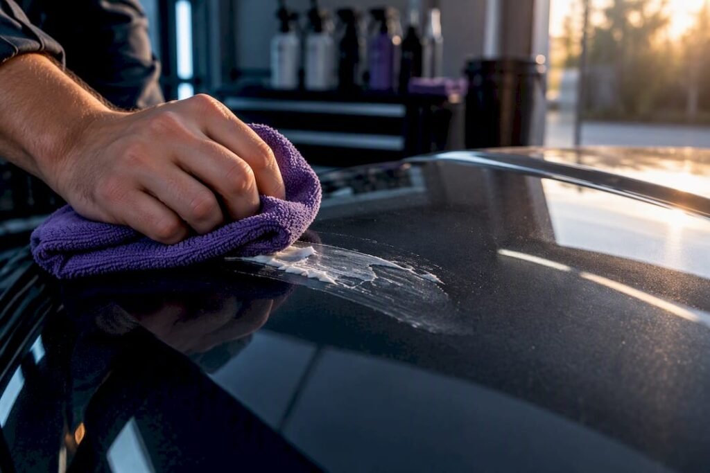 Fresh sunscreen residue being lifted from paint