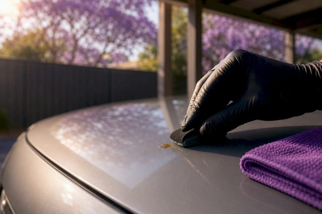 Detailer removing tree sap from car paint