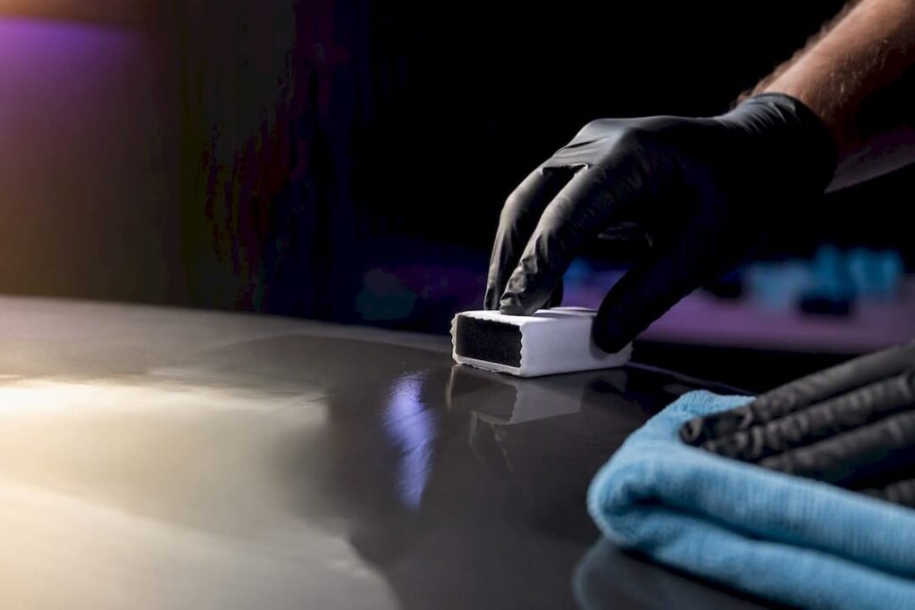 Technician applying ceramic coating to paint
