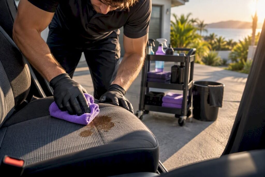 Technician blotting coffee from car seat