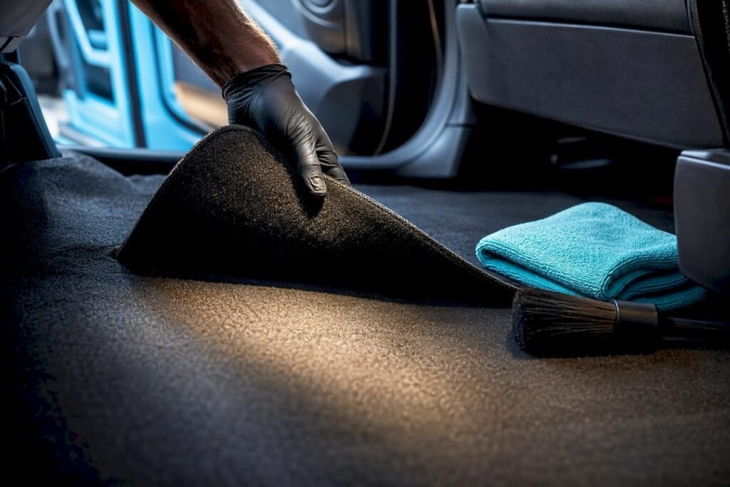 Detailer inspecting vehicle carpet for odour source
