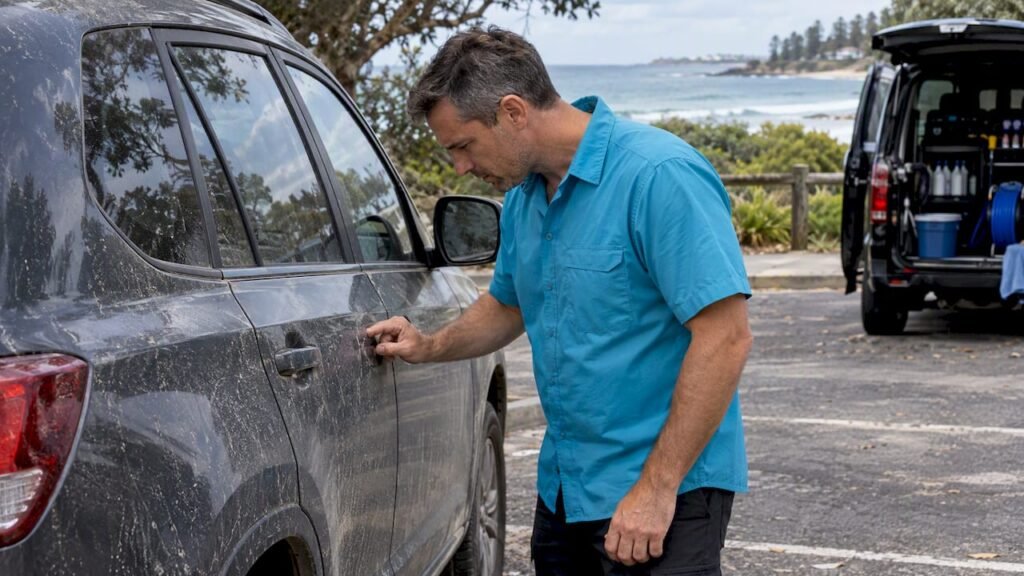 Owner inspecting dusty car paint outdoors