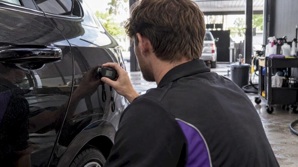 Technician measuring vehicle paint thickness