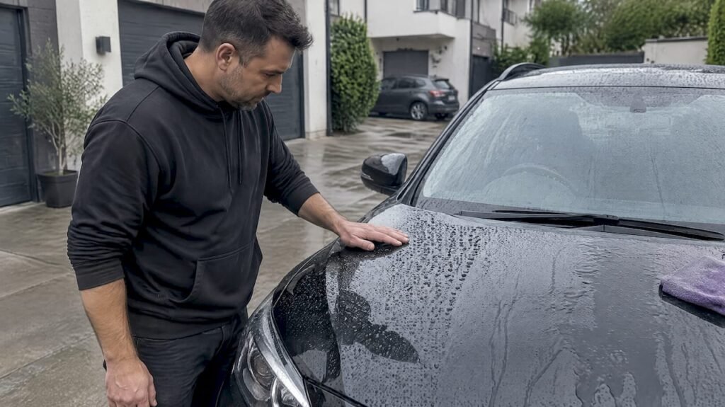 Owner comparing water beading on protected car