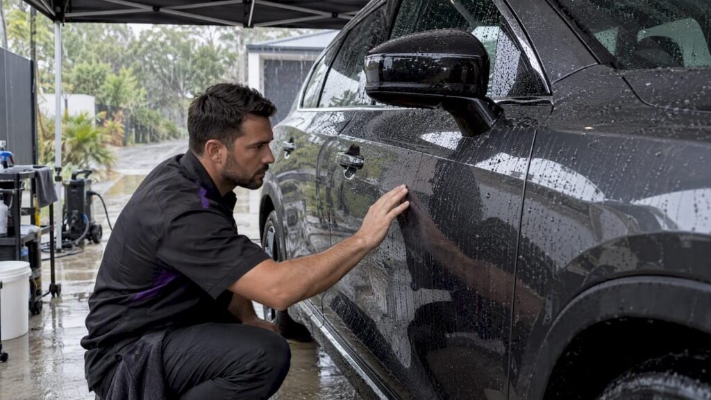 Fresh ceramic coating inspected after rain