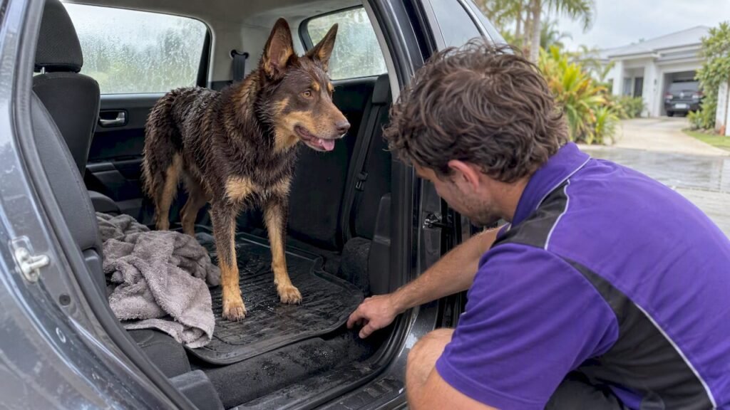 Wet dog standing in damp car interior