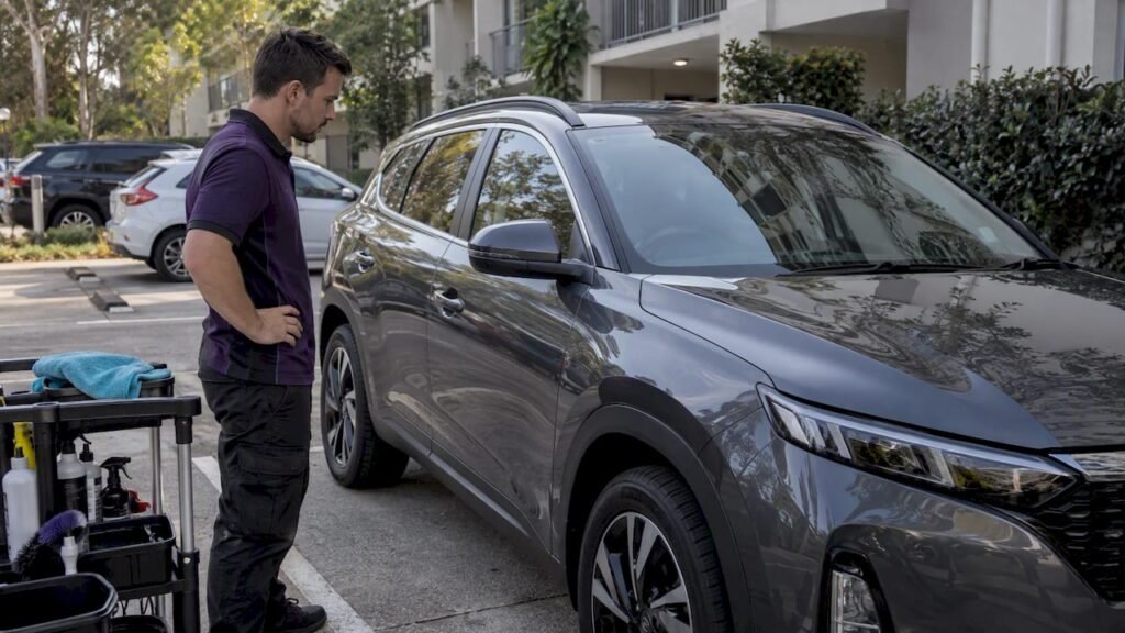 Technician checking freshly detailed SUV