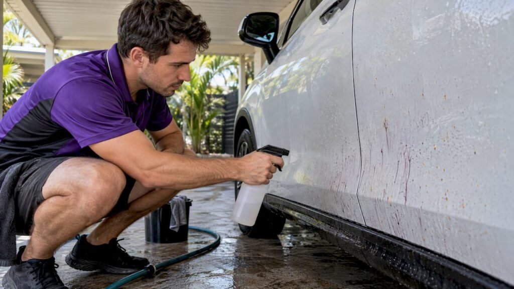 Detailer treating iron fallout on car paint