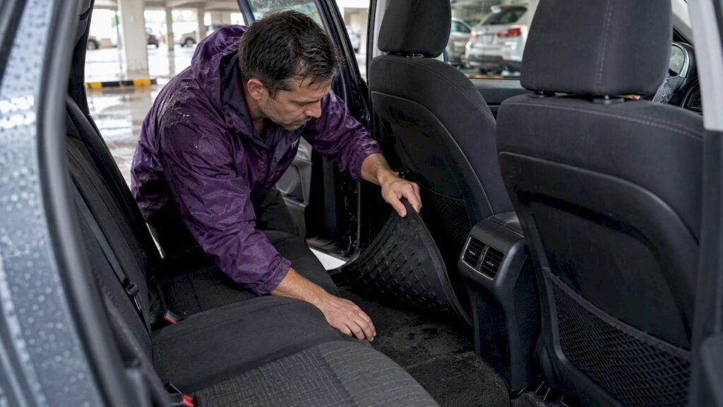 Owner checks damp carpet beneath a wet mat