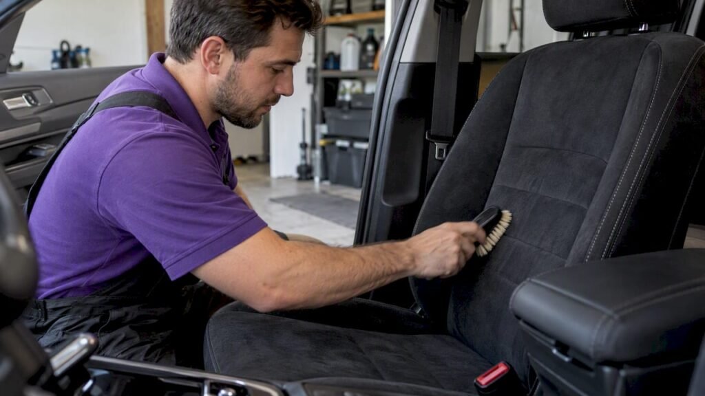 Detailer gently brushing an Alcantara seat