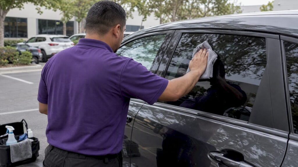 Detailer gently cleaning a tinted car window