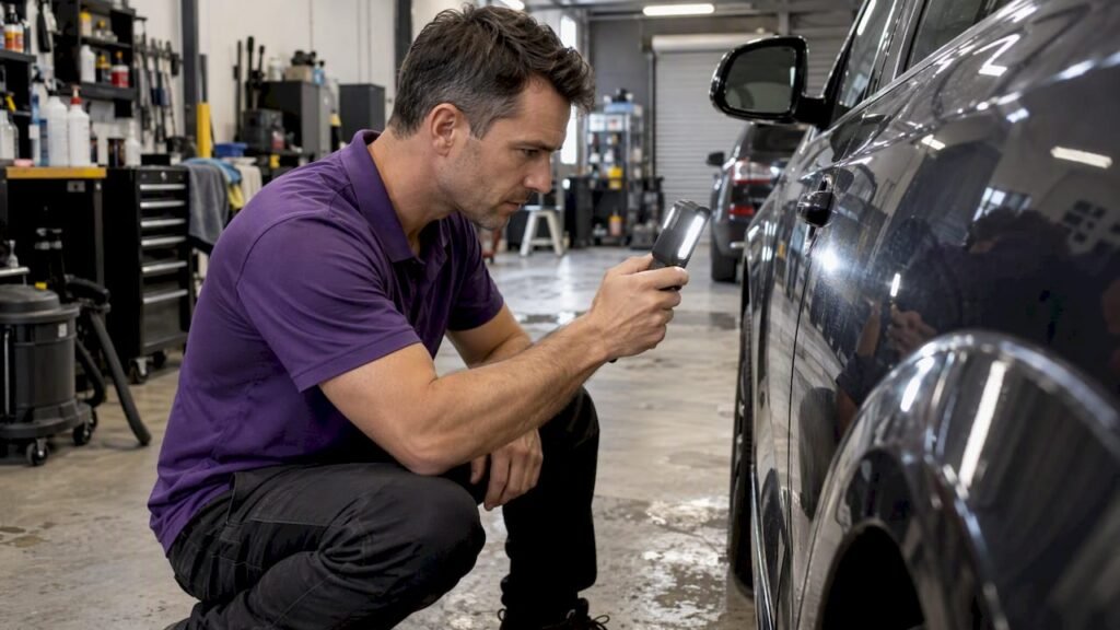 Detailer inspecting paintwork inside a workshop