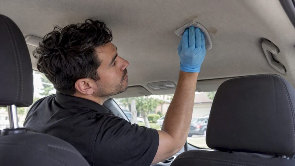 Detailer gently blotting a car headliner stain