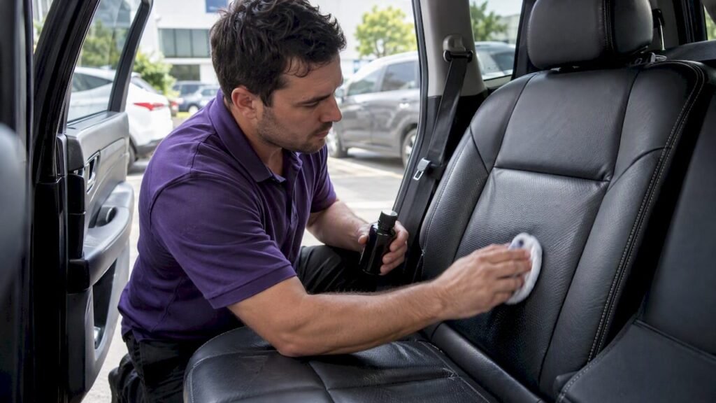 Technician protecting a car's leather seat