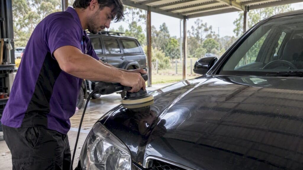Detailer polishing a car bonnet outdoors