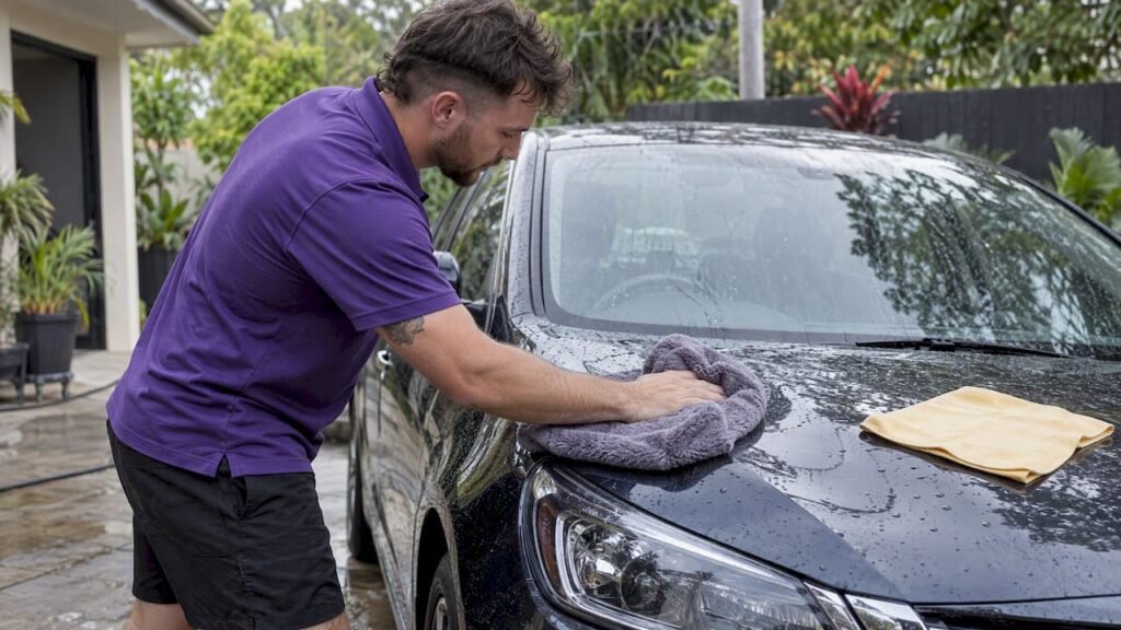Detailer drying a car with two cloth types
