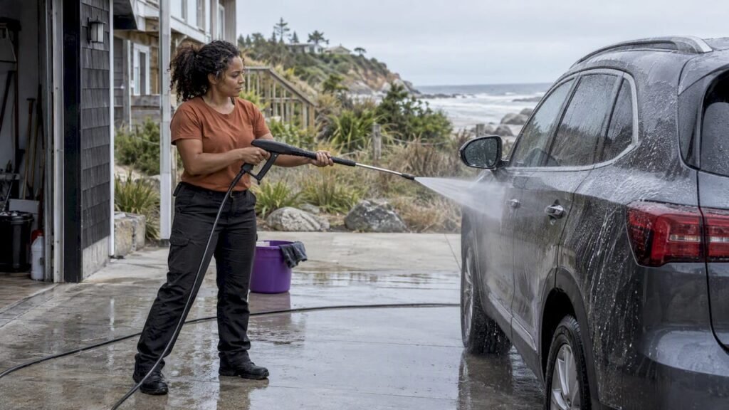 Detailer pressure rinses a coastal car