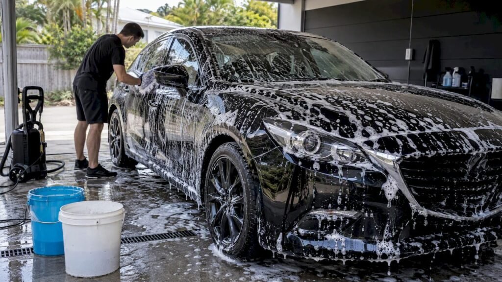 Foamed car beside buckets and wash equipment