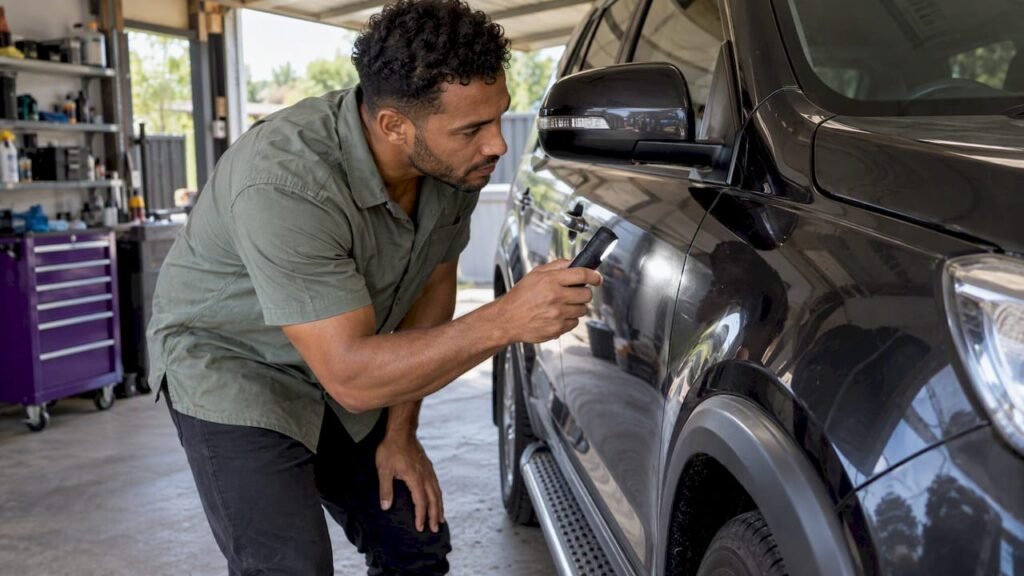 Detailer assessing SUV paint before a coating quote